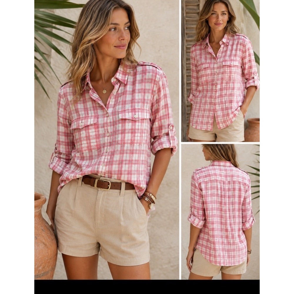 Brooks Brothers Pink Plaid Irish Linen Shirt Women's M Roll Tab Utility Safari